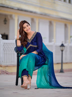 Alia Cut Embroidered Silk Blend Kurta With Pant & Dupatta, Navy Blue - Hiral Fashion | Grocsy