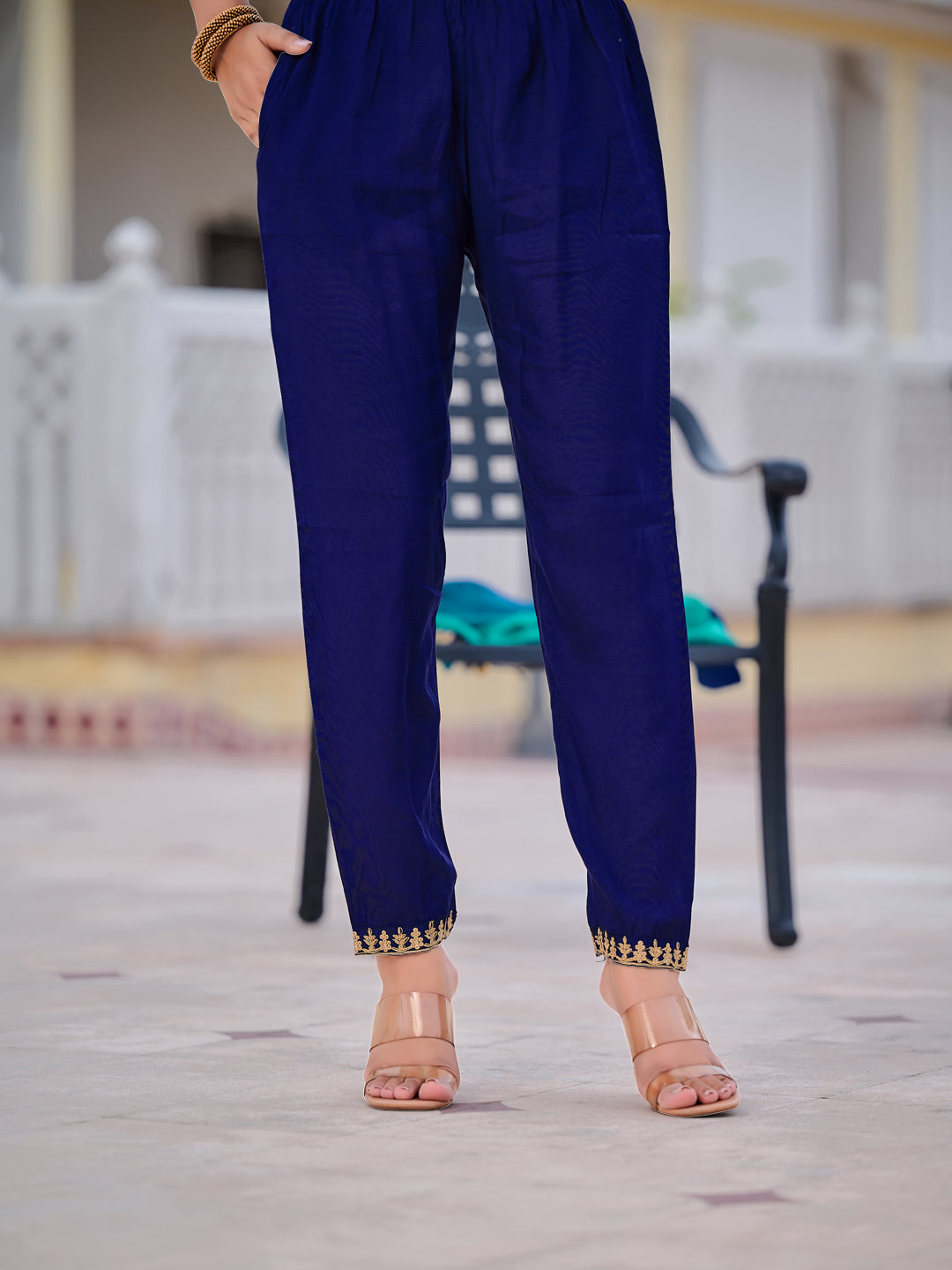 Alia Cut Embroidered Silk Blend Kurta With Pant & Dupatta, Navy Blue - Hiral Fashion | Grocsy