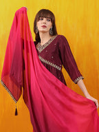 Alia Cut Embroidered Silk Blend Kurta With Pant & Dupatta, Wine - Hiral Fashion | Grocsy