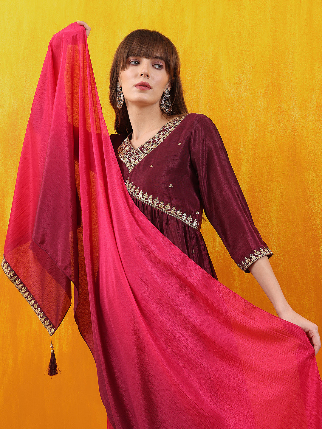 Alia Cut Embroidered Silk Blend Kurta With Pant & Dupatta, Wine - Hiral Fashion | Grocsy