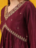 Alia Cut Embroidered Silk Blend Kurta With Pant & Dupatta, Wine - Hiral Fashion | Grocsy
