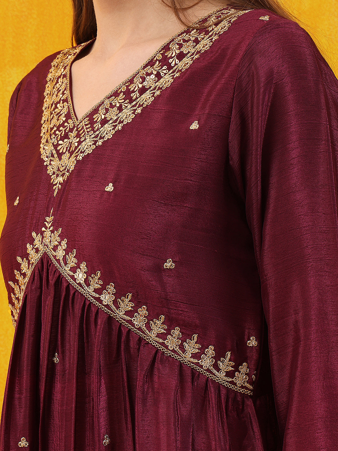 Alia Cut Embroidered Silk Blend Kurta With Pant & Dupatta, Wine - Hiral Fashion | Grocsy
