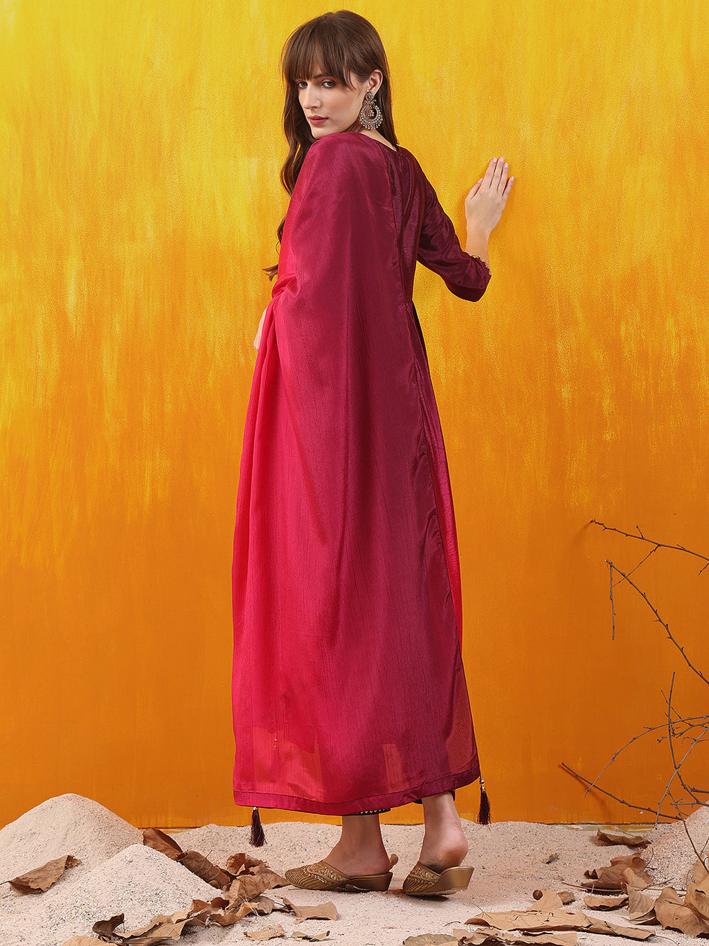 Alia Cut Embroidered Silk Blend Kurta With Pant & Dupatta, Wine - Hiral Fashion | Grocsy