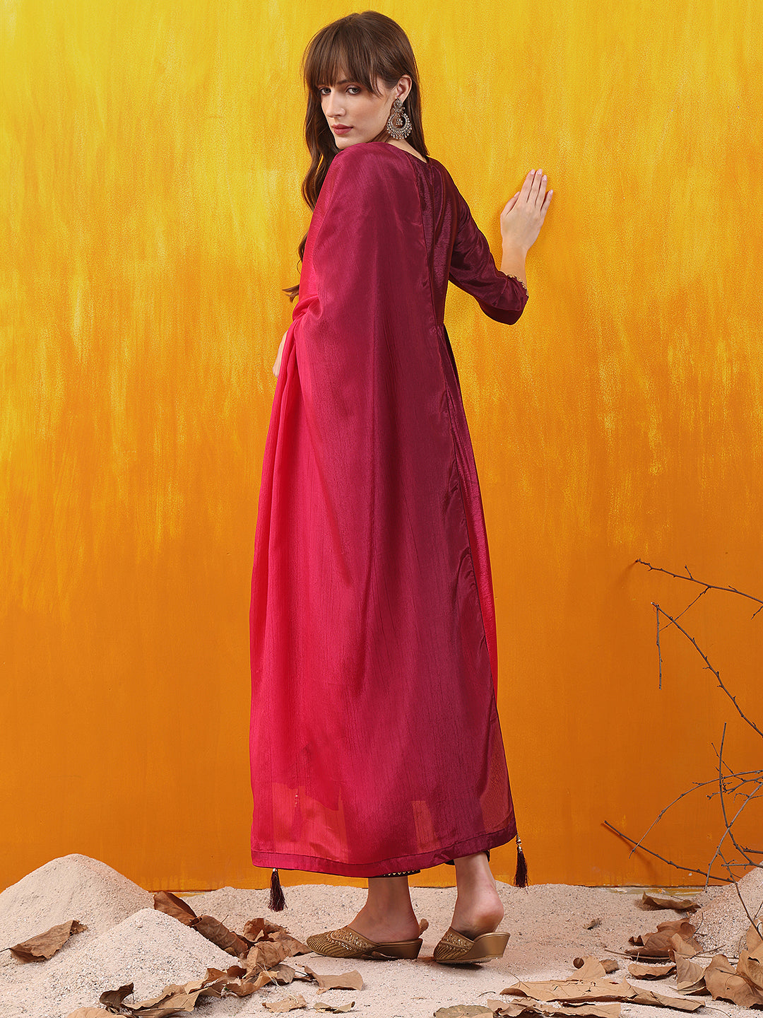Alia Cut Embroidered Silk Blend Kurta With Pant & Dupatta, Wine - Hiral Fashion | Grocsy