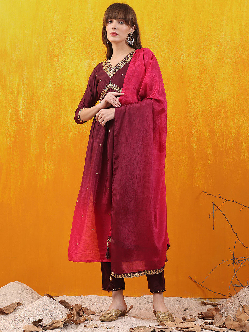 Alia Cut Embroidered Silk Blend Kurta With Pant & Dupatta, Wine - Hiral Fashion | Grocsy