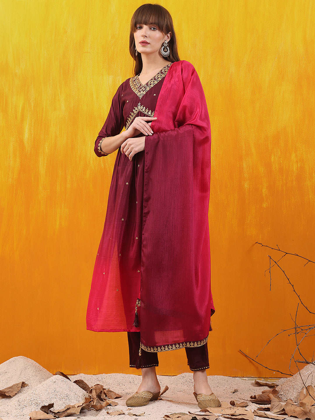 Alia Cut Embroidered Silk Blend Kurta With Pant & Dupatta, Wine - Hiral Fashion | Grocsy