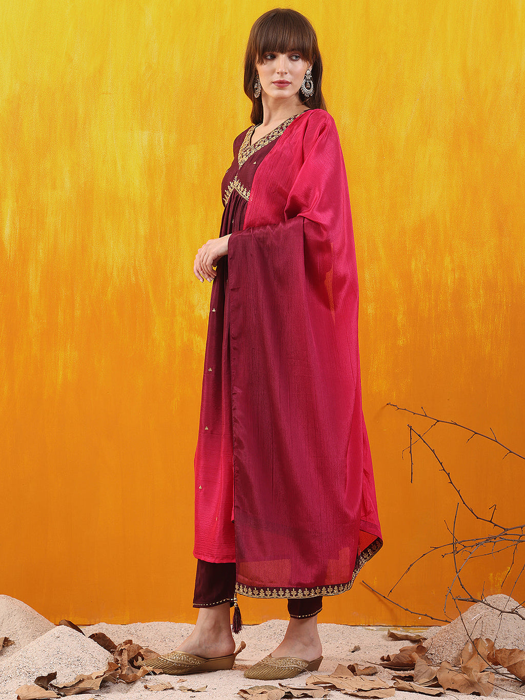 Alia Cut Embroidered Silk Blend Kurta With Pant & Dupatta, Wine - Hiral Fashion | Grocsy
