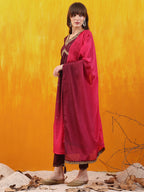 Alia Cut Embroidered Silk Blend Kurta With Pant & Dupatta, Wine - Hiral Fashion | Grocsy