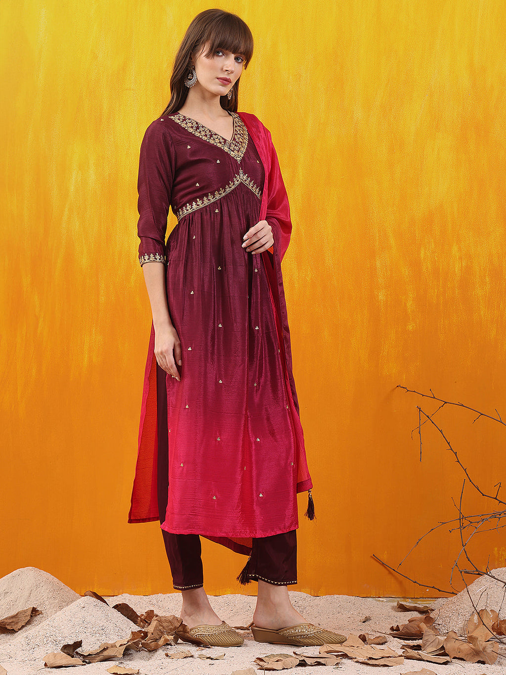 Alia Cut Embroidered Silk Blend Kurta With Pant & Dupatta, Wine - Hiral Fashion | Grocsy