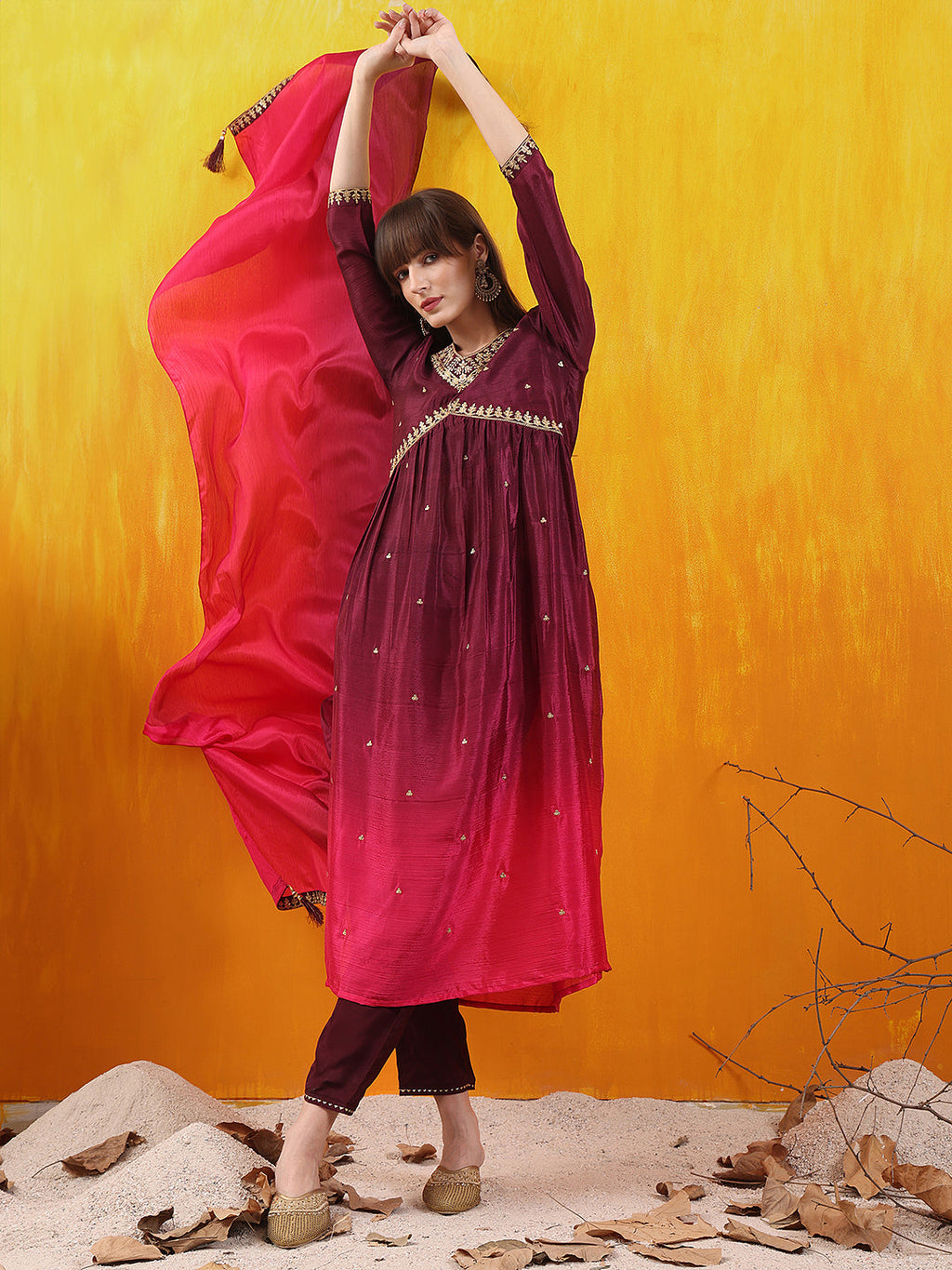 Alia Cut Embroidered Silk Blend Kurta With Pant & Dupatta, Wine - Hiral Fashion | Grocsy