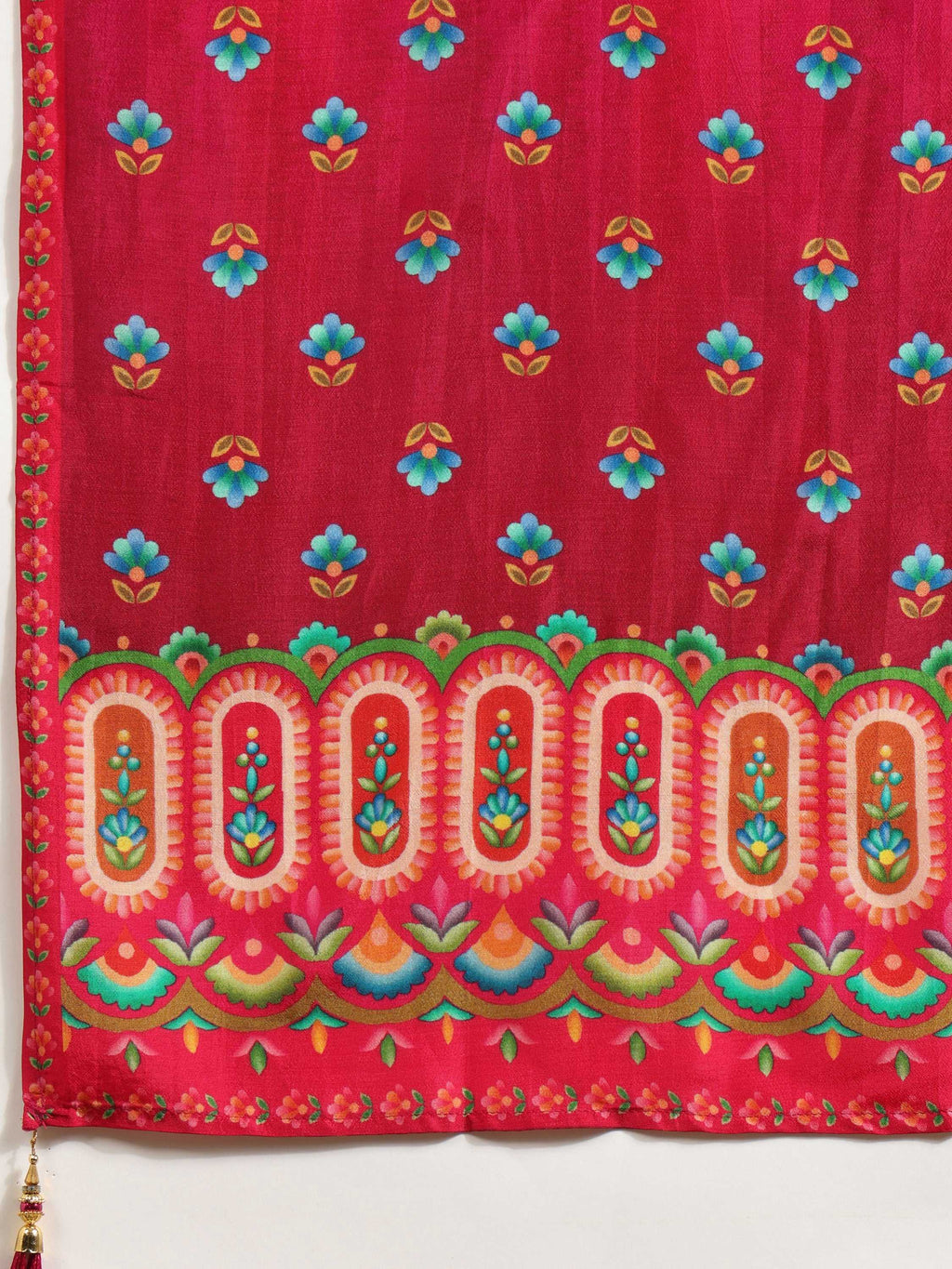 Embroidered & Printed Pure Silk Kurta With Pant & Printed Dupatta, Rani - Hiral Fashion | Grocsy