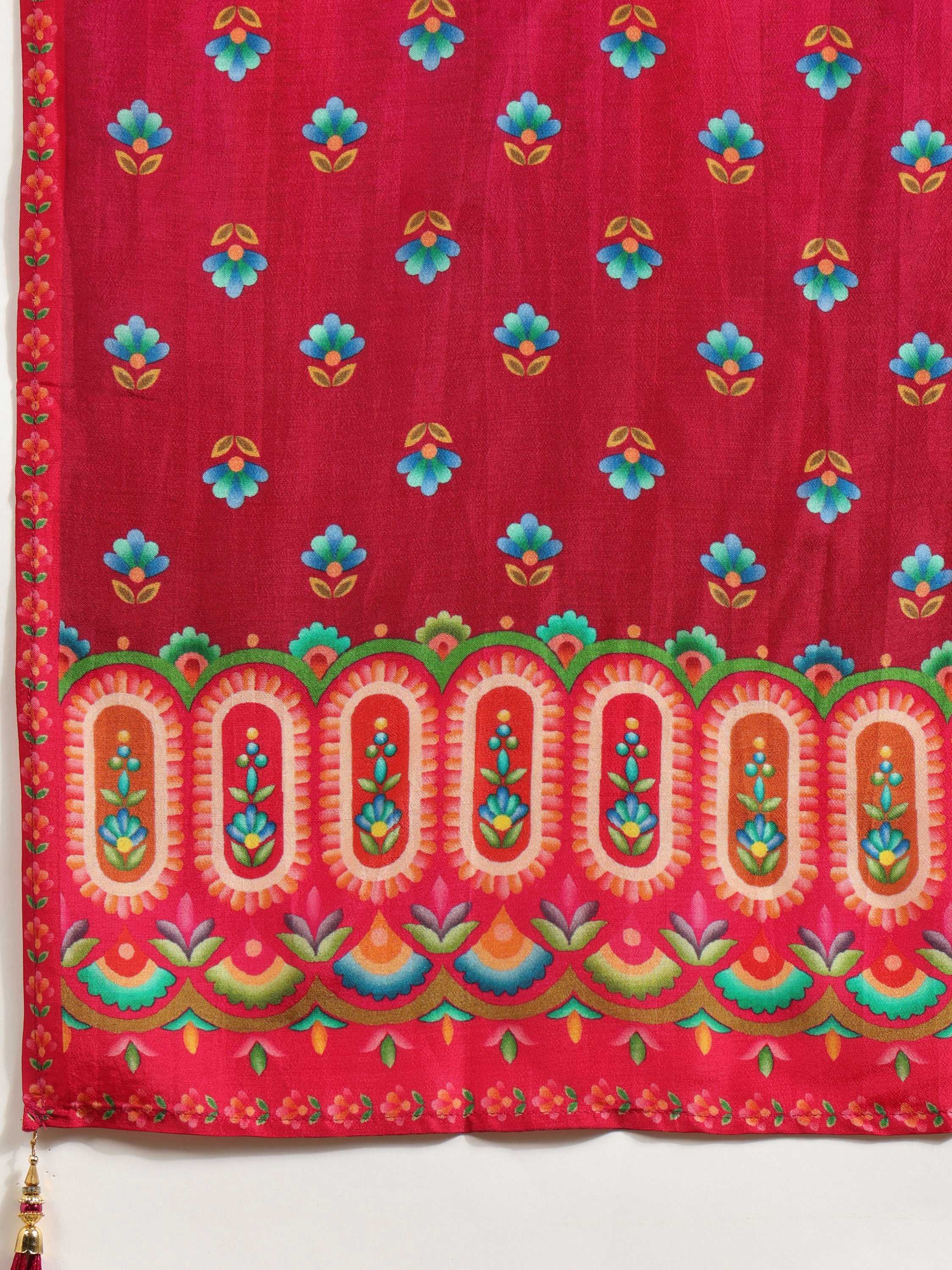 Embroidered & Printed Pure Silk Kurta With Pant & Printed Dupatta, Rani - Hiral Fashion | Grocsy