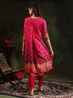 Embroidered & Printed Pure Silk Kurta With Pant & Printed Dupatta, Rani - Hiral Fashion | Grocsy