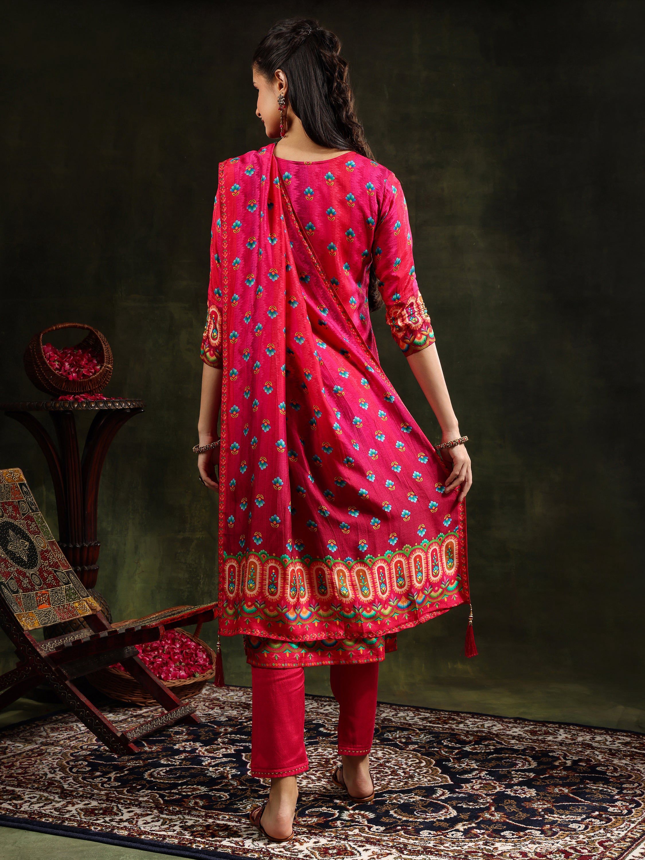 Embroidered & Printed Pure Silk Kurta With Pant & Printed Dupatta, Rani - Hiral Fashion | Grocsy