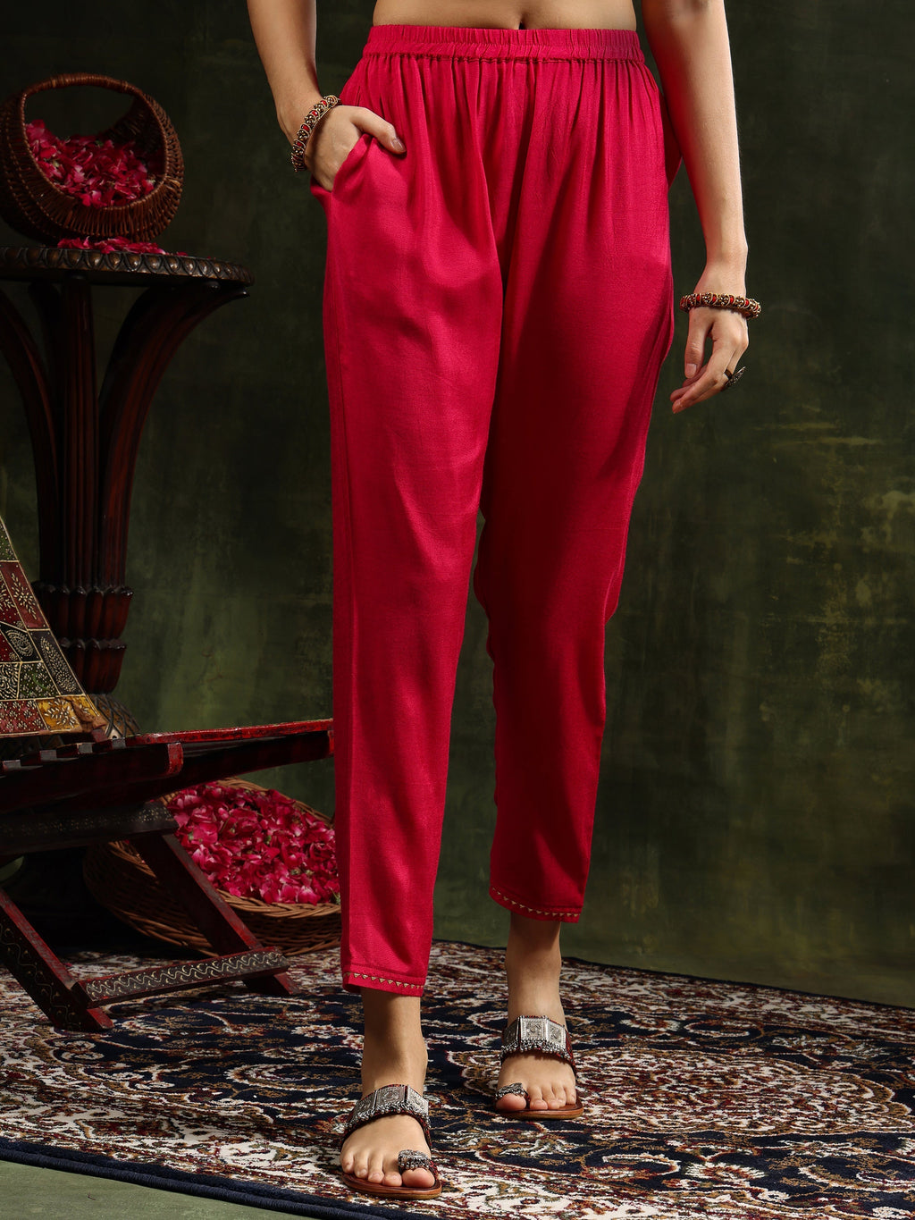 Embroidered & Printed Pure Silk Kurta With Pant & Printed Dupatta, Rani - Hiral Fashion | Grocsy