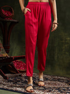 Embroidered & Printed Pure Silk Kurta With Pant & Printed Dupatta, Rani - Hiral Fashion | Grocsy