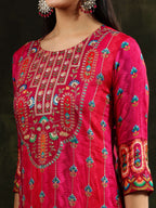 Embroidered & Printed Pure Silk Kurta With Pant & Printed Dupatta, Rani - Hiral Fashion | Grocsy