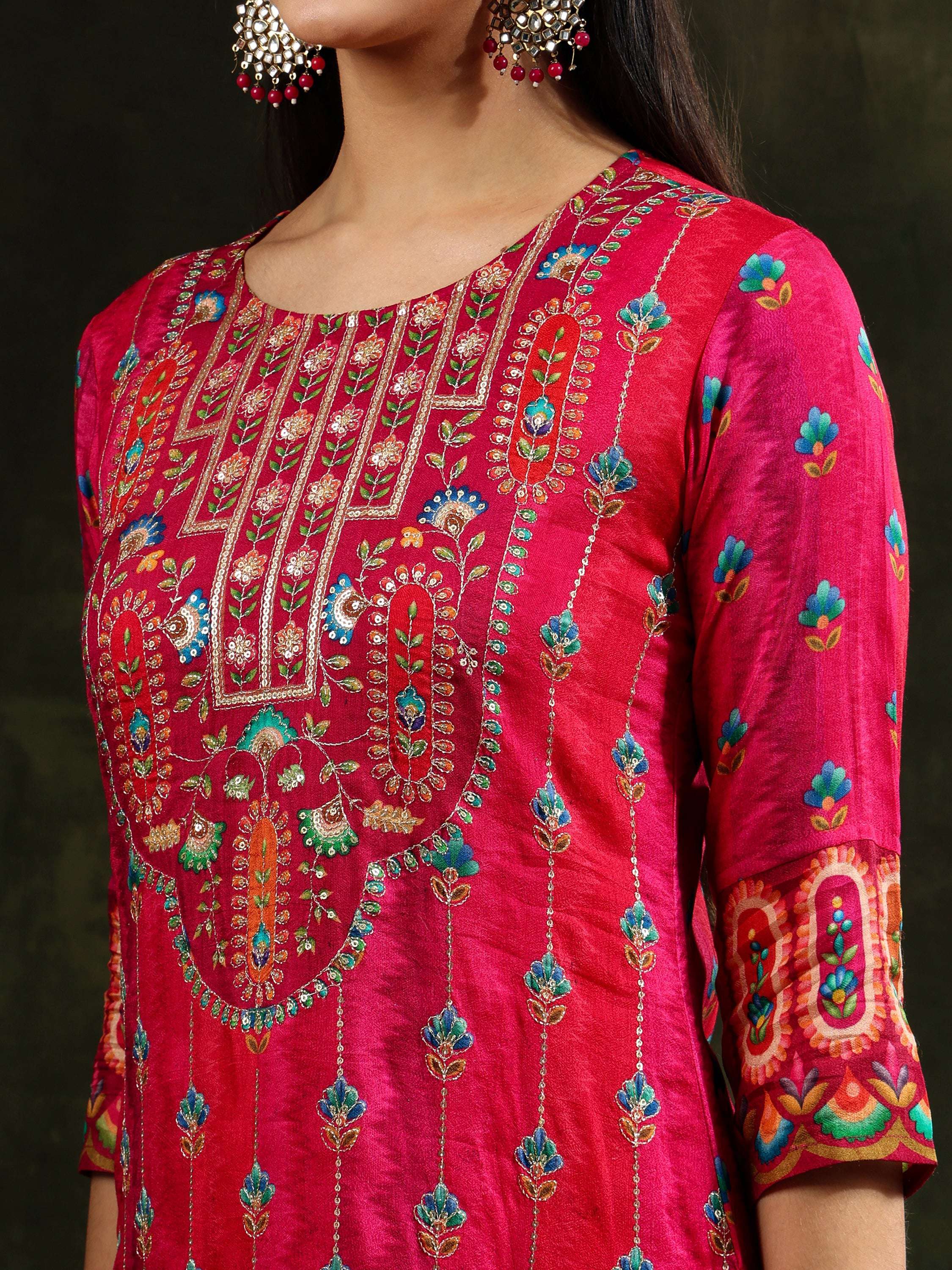 Embroidered & Printed Pure Silk Kurta With Pant & Printed Dupatta, Rani - Hiral Fashion | Grocsy