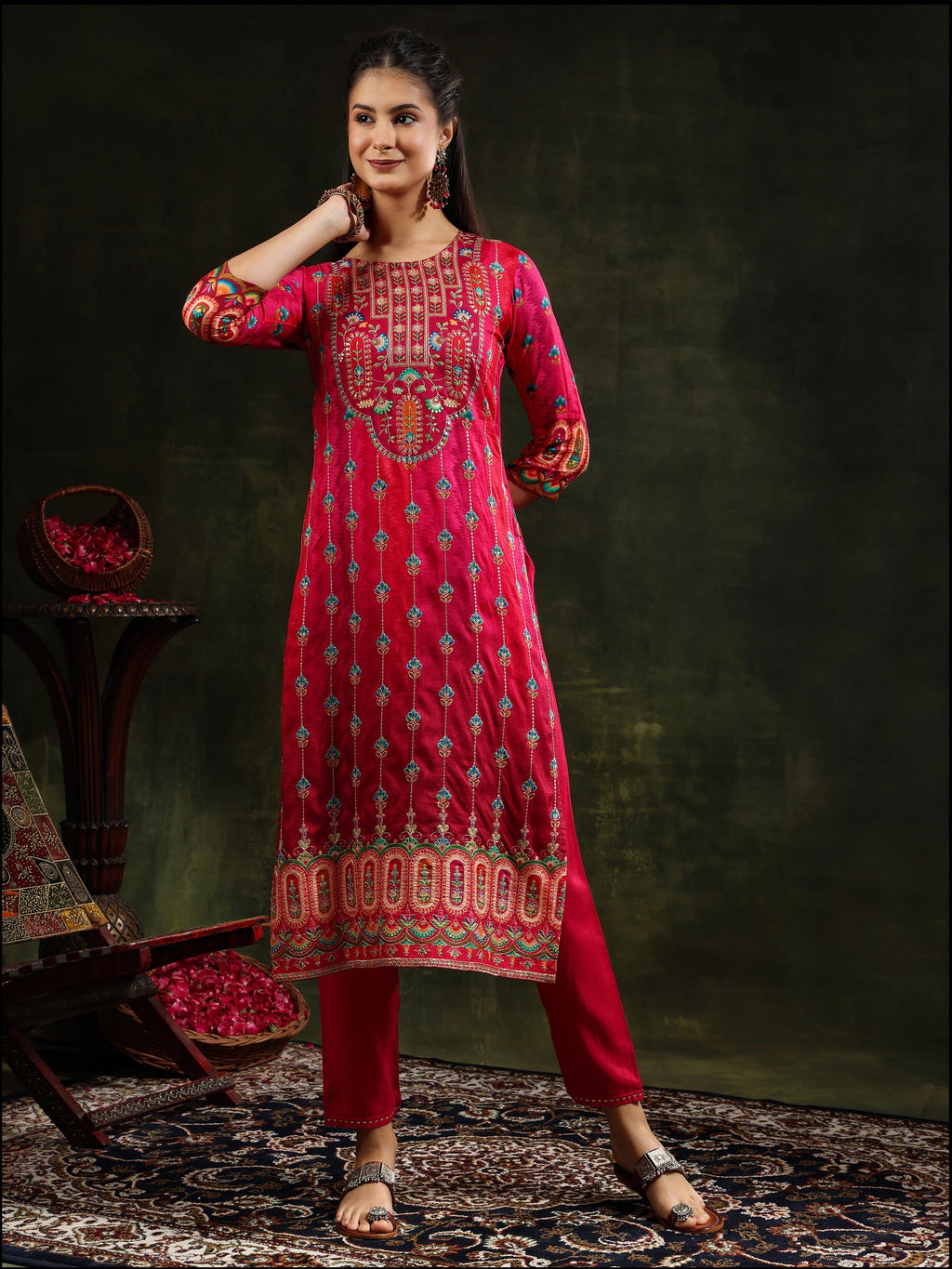 Embroidered & Printed Pure Silk Kurta With Pant & Printed Dupatta, Rani - Hiral Fashion | Grocsy
