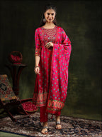 Embroidered & Printed Pure Silk Kurta With Pant & Printed Dupatta, Rani - Hiral Fashion | Grocsy