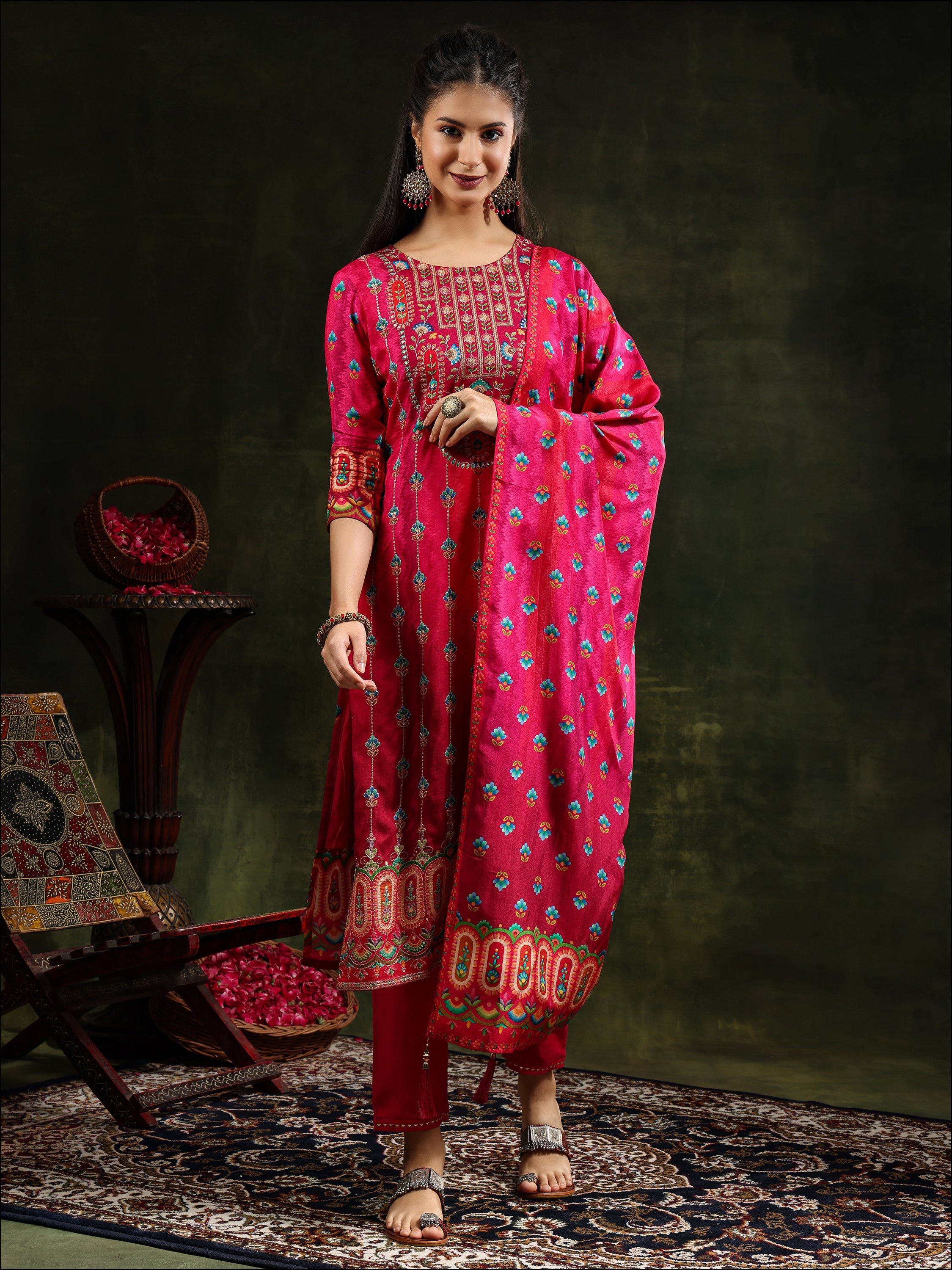 Embroidered & Printed Pure Silk Kurta With Pant & Printed Dupatta, Rani - Hiral Fashion | Grocsy