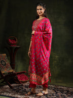 Embroidered & Printed Pure Silk Kurta With Pant & Printed Dupatta, Rani - Hiral Fashion | Grocsy
