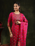 Embroidered & Printed Pure Silk Kurta With Pant & Printed Dupatta, Rani - Hiral Fashion | Grocsy