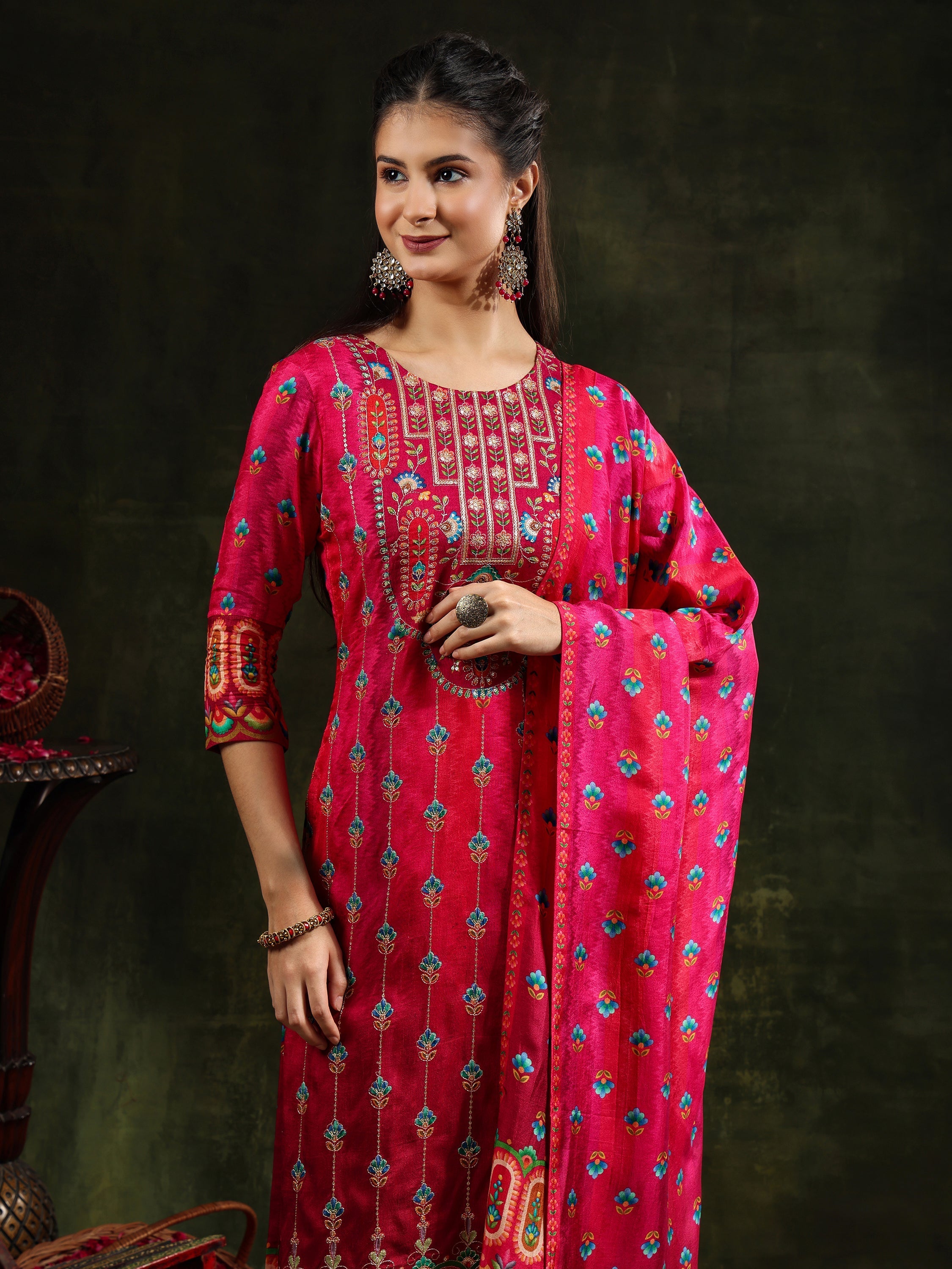 Embroidered & Printed Pure Silk Kurta With Pant & Printed Dupatta, Rani - Hiral Fashion | Grocsy