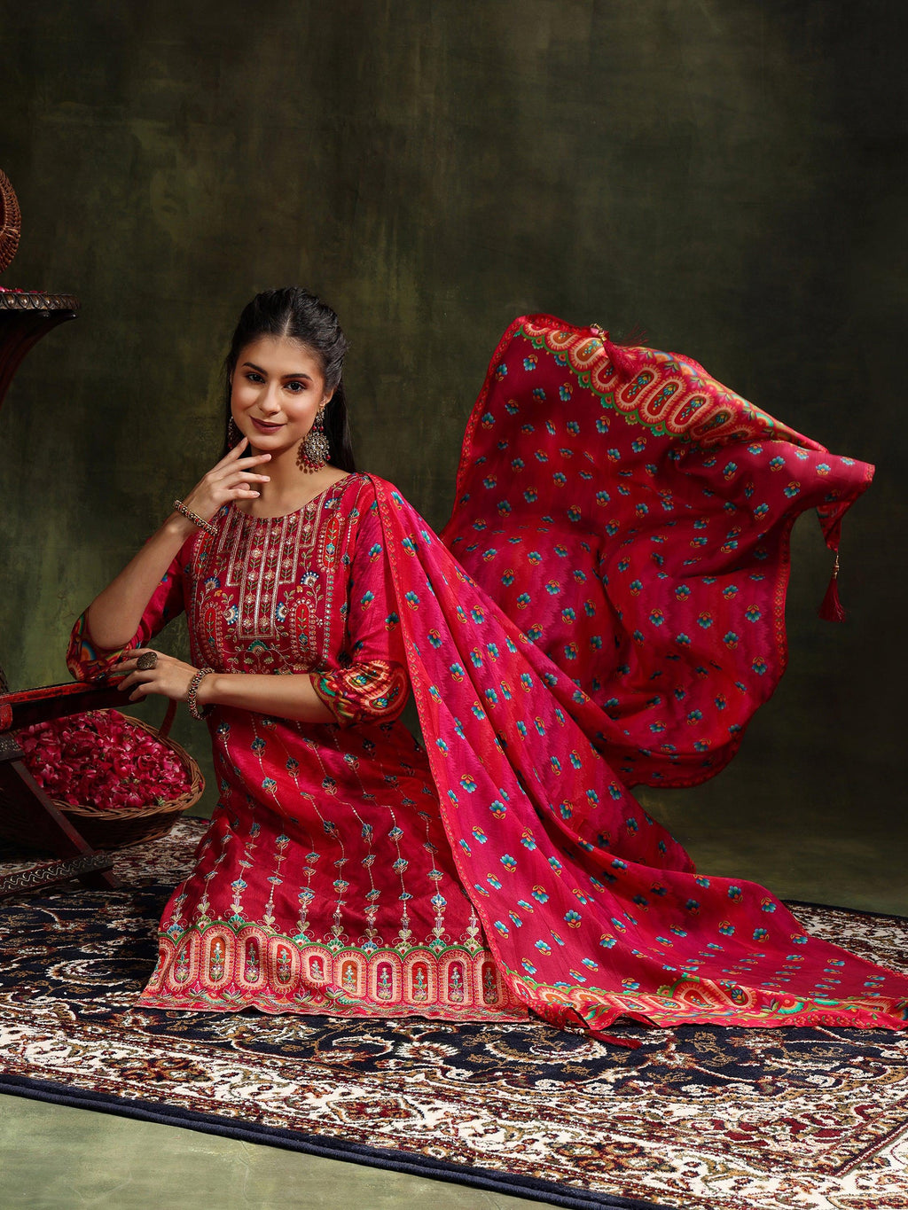 Embroidered & Printed Pure Silk Kurta With Pant & Printed Dupatta, Rani - Hiral Fashion | Grocsy