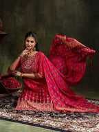 Embroidered & Printed Pure Silk Kurta With Pant & Printed Dupatta, Rani - Hiral Fashion | Grocsy