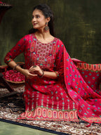 Embroidered & Printed Pure Silk Kurta With Pant & Printed Dupatta, Rani - Hiral Fashion | Grocsy