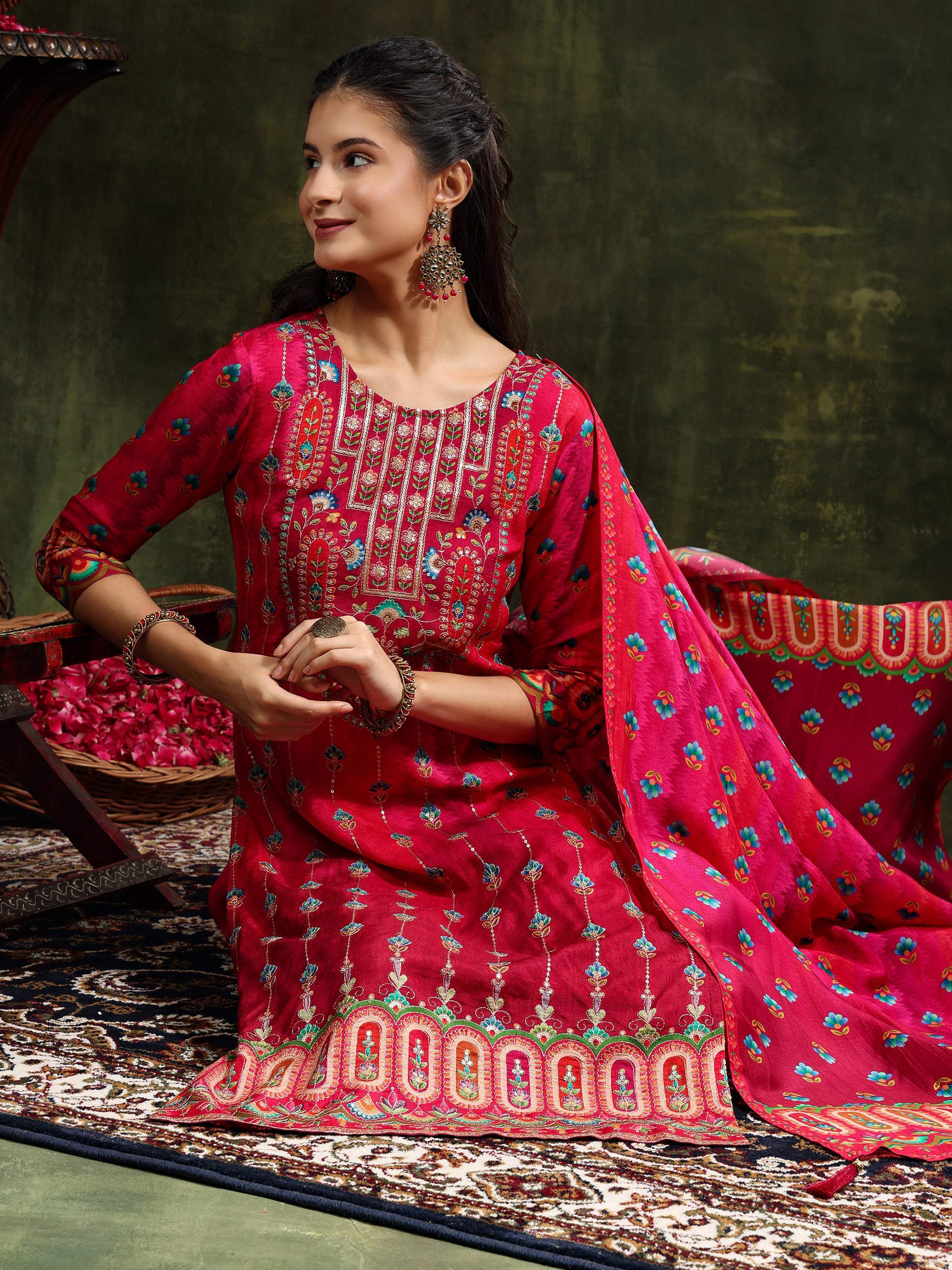 Embroidered & Printed Pure Silk Kurta With Pant & Printed Dupatta, Rani - Hiral Fashion | Grocsy