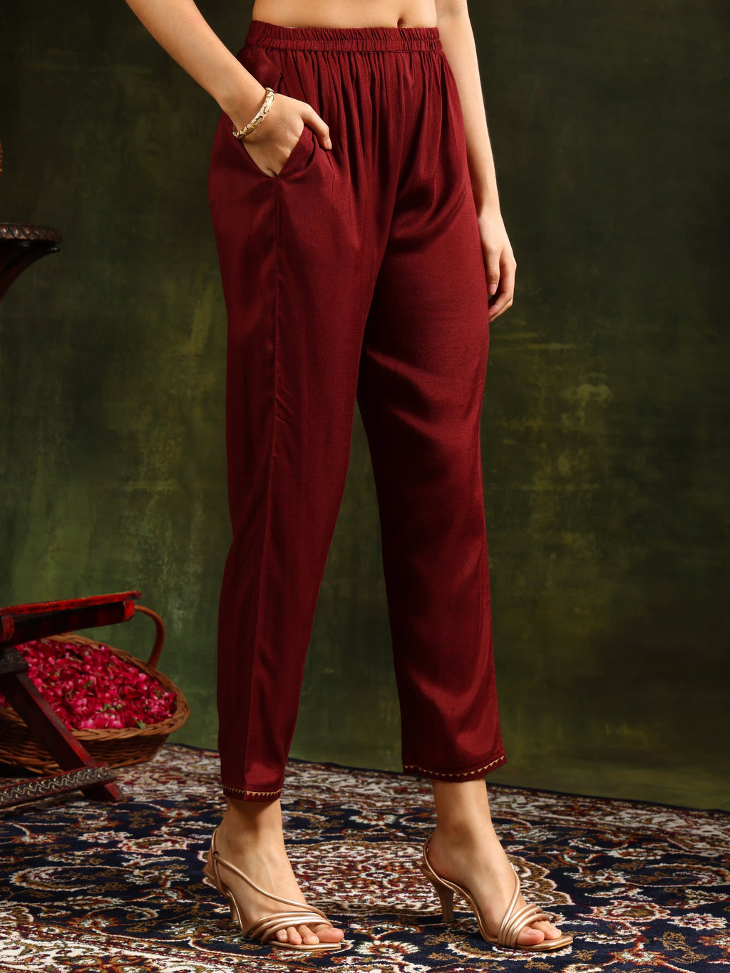 Embroidered & Printed Pure Silk Kurta With Pant & Printed Dupatta, Rust - Hiral Fashion | Grocsy
