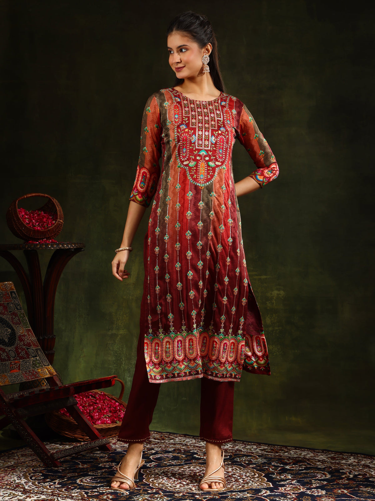 Embroidered & Printed Pure Silk Kurta With Pant & Printed Dupatta, Rust - Hiral Fashion | Grocsy