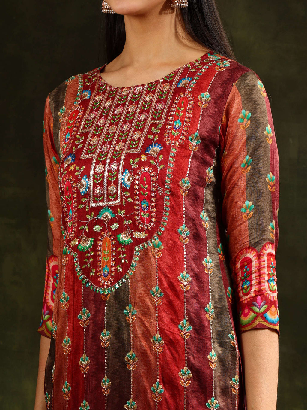 Embroidered & Printed Pure Silk Kurta With Pant & Printed Dupatta, Rust - Hiral Fashion | Grocsy