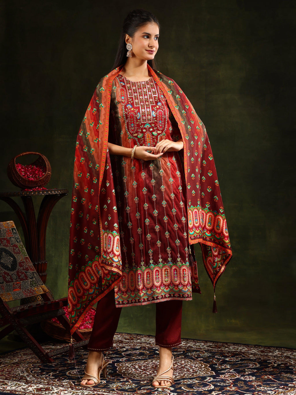 Embroidered & Printed Pure Silk Kurta With Pant & Printed Dupatta, Rust - Hiral Fashion | Grocsy