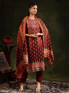 Embroidered & Printed Pure Silk Kurta With Pant & Printed Dupatta, Rust - Hiral Fashion | Grocsy