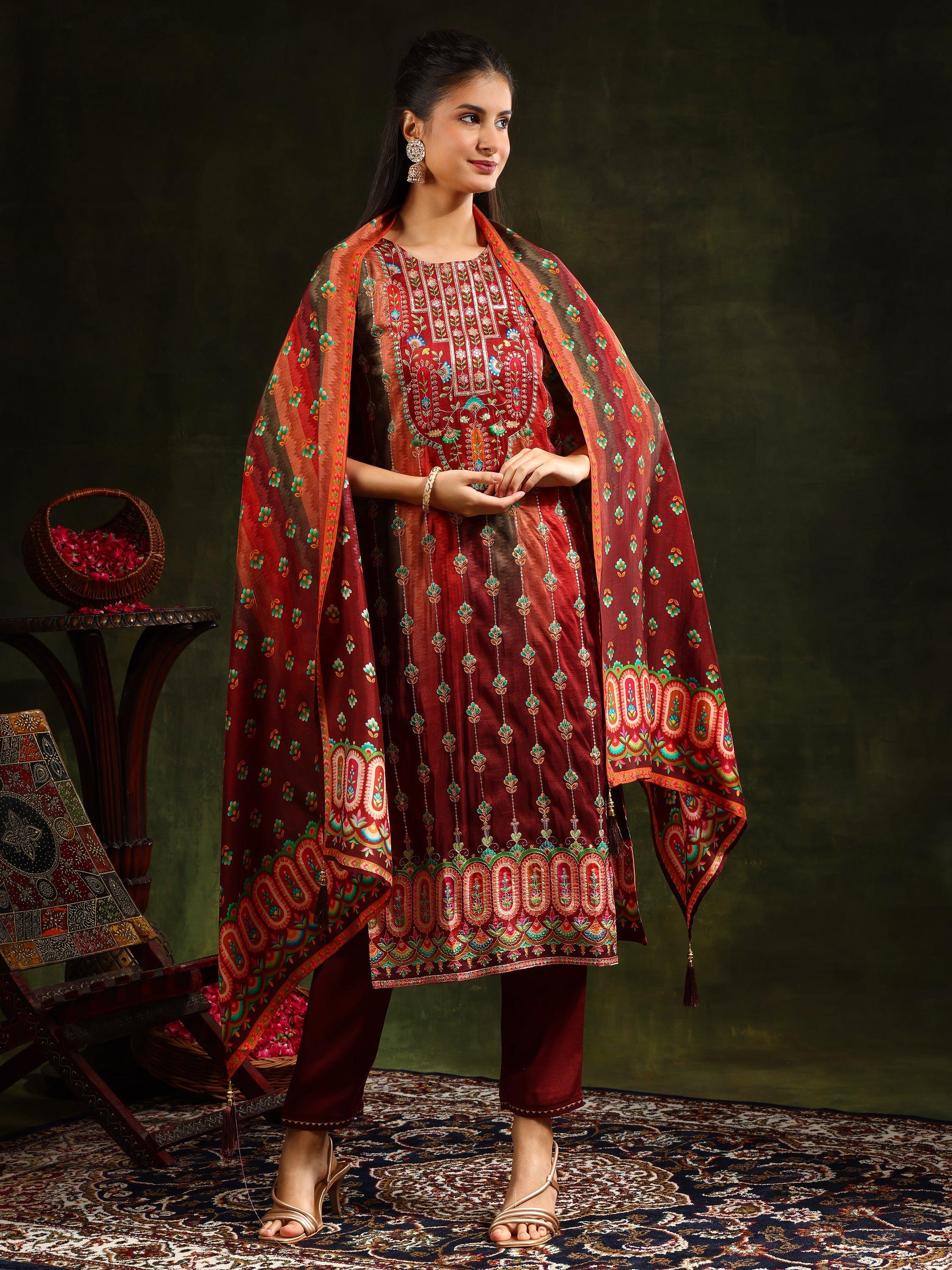 Embroidered & Printed Pure Silk Kurta With Pant & Printed Dupatta, Rust - Hiral Fashion | Grocsy