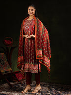 Embroidered & Printed Pure Silk Kurta With Pant & Printed Dupatta, Rust - Hiral Fashion | Grocsy