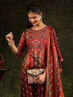 Embroidered & Printed Pure Silk Kurta With Pant & Printed Dupatta, Rust - Hiral Fashion | Grocsy