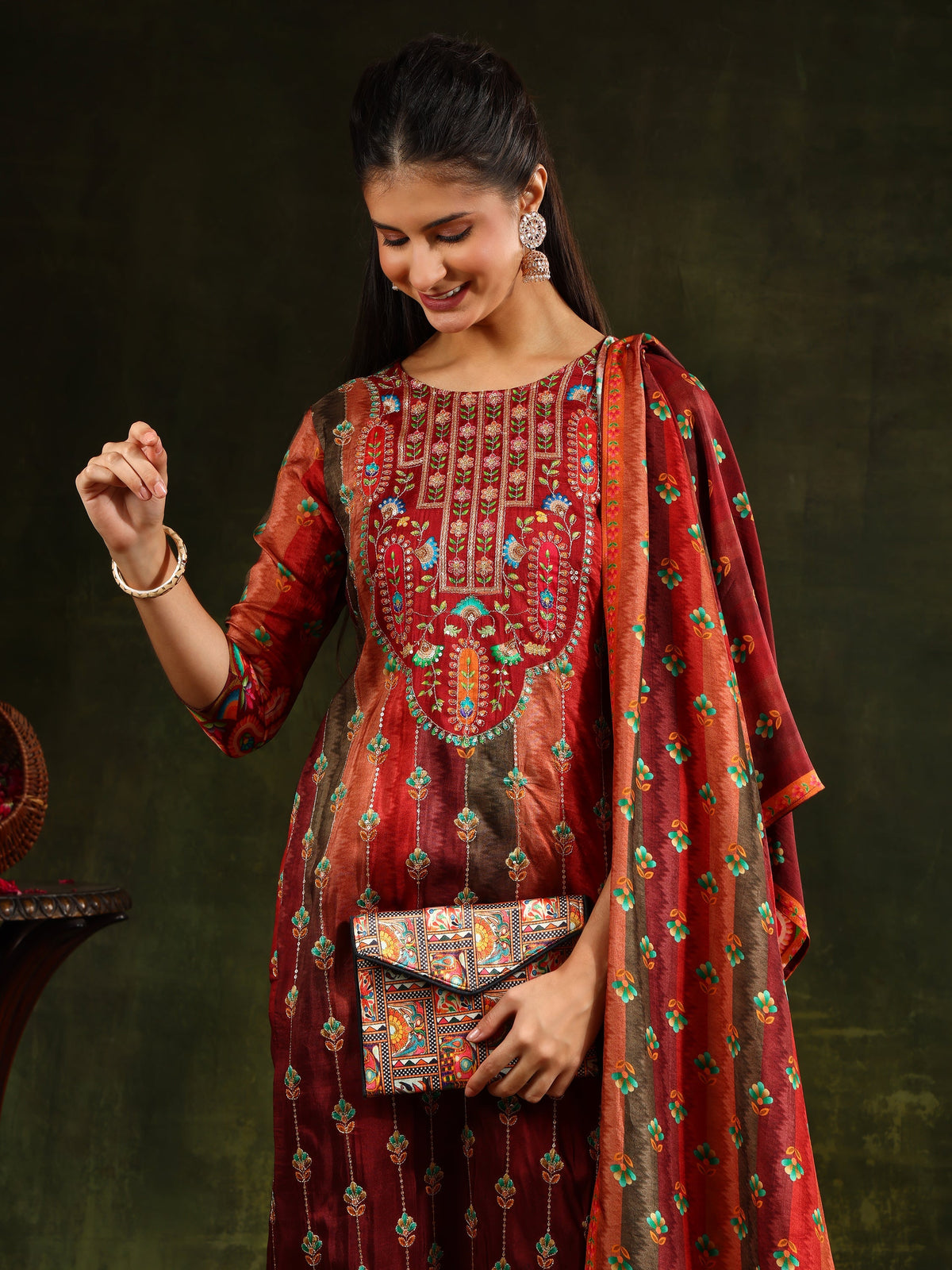 Embroidered & Printed Pure Silk Kurta With Pant & Printed Dupatta, Rust - Hiral Fashion | Grocsy