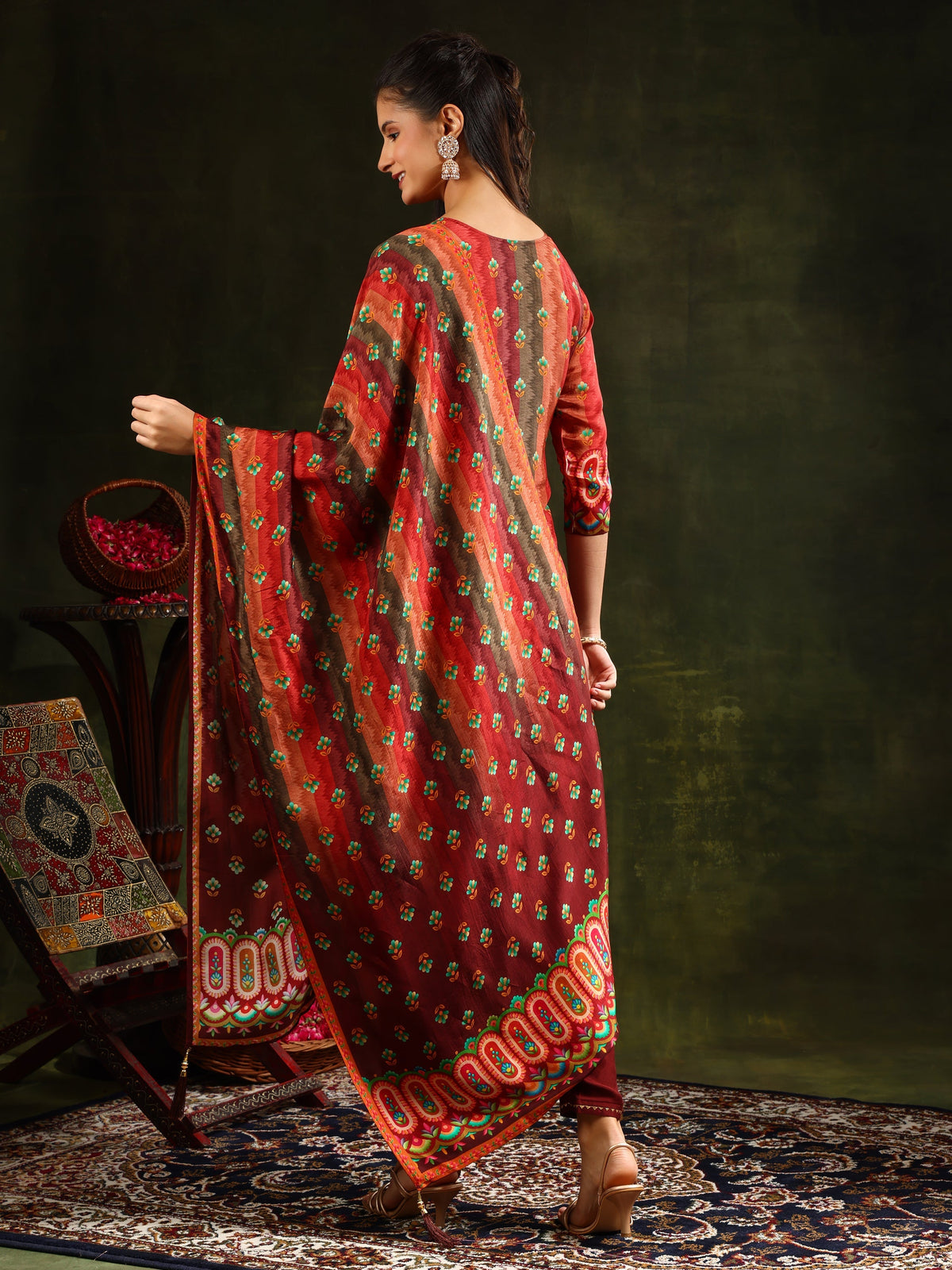 Embroidered & Printed Pure Silk Kurta With Pant & Printed Dupatta, Rust - Hiral Fashion | Grocsy