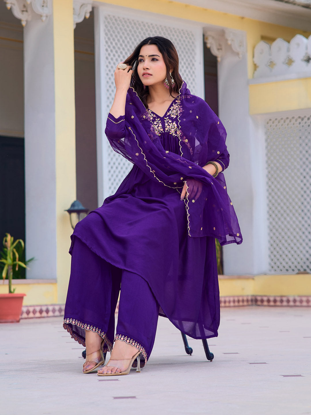 Alia Cut Embroidered Kurta With Pant & Dupatta, Purple - Hiral Fashion | Grocsy