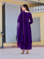 Alia Cut Embroidered Kurta With Pant & Dupatta, Purple - Hiral Fashion | Grocsy