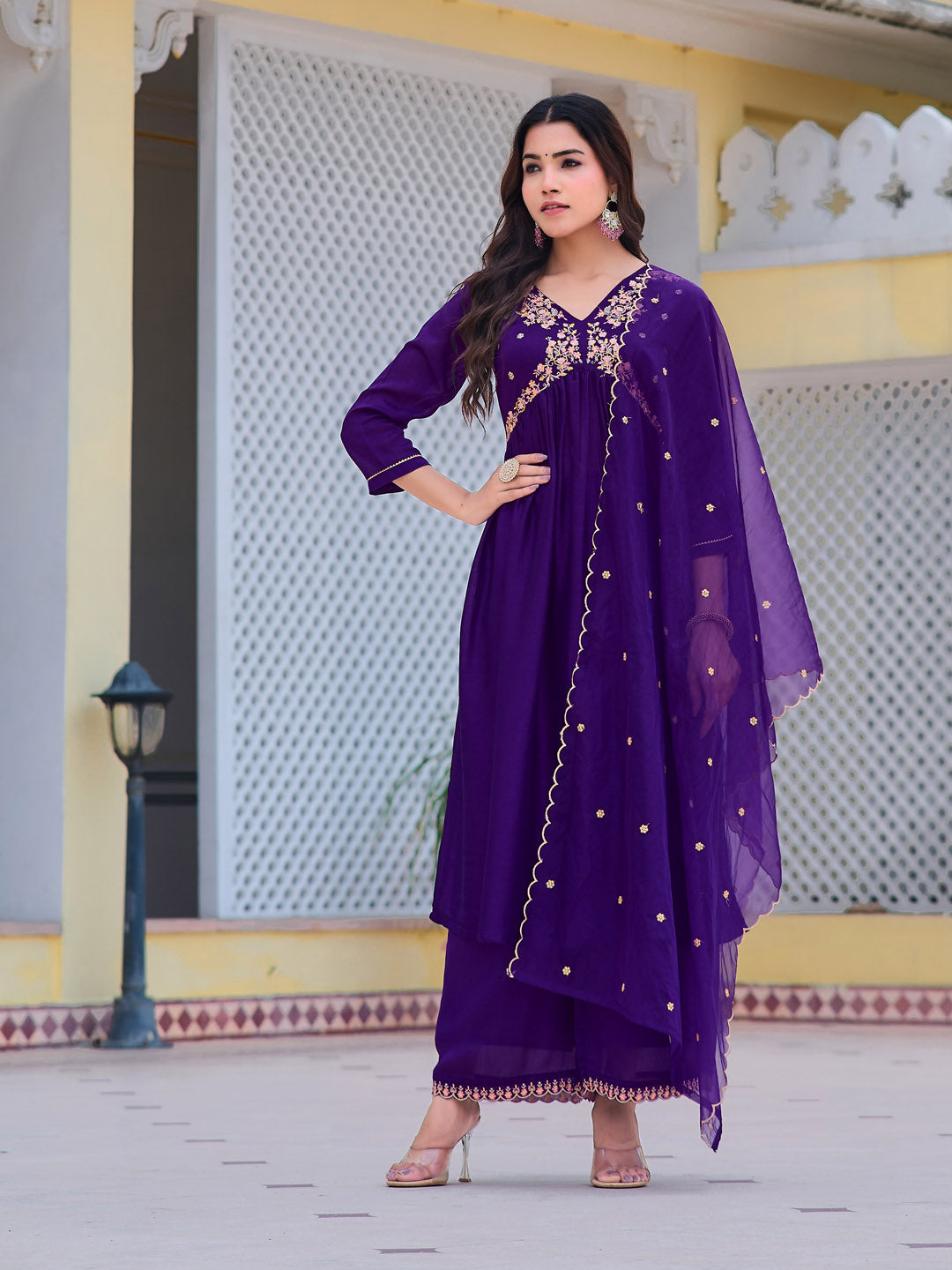 Alia Cut Embroidered Kurta With Pant & Dupatta, Purple - Hiral Fashion | Grocsy