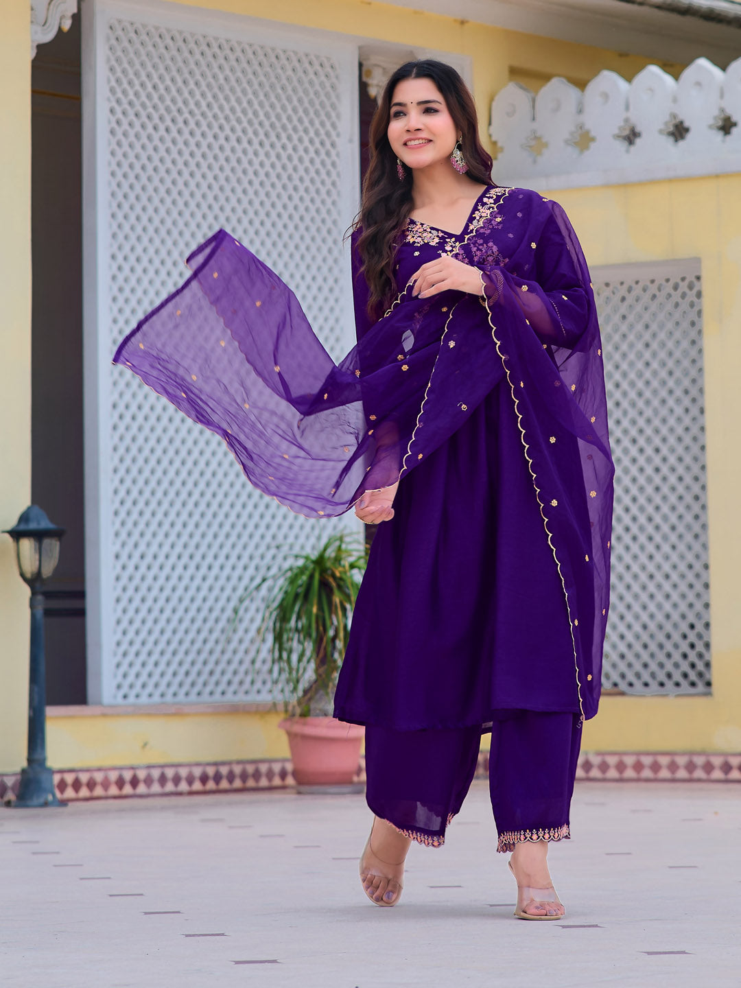 Alia Cut Embroidered Kurta With Pant & Dupatta, Purple - Hiral Fashion | Grocsy