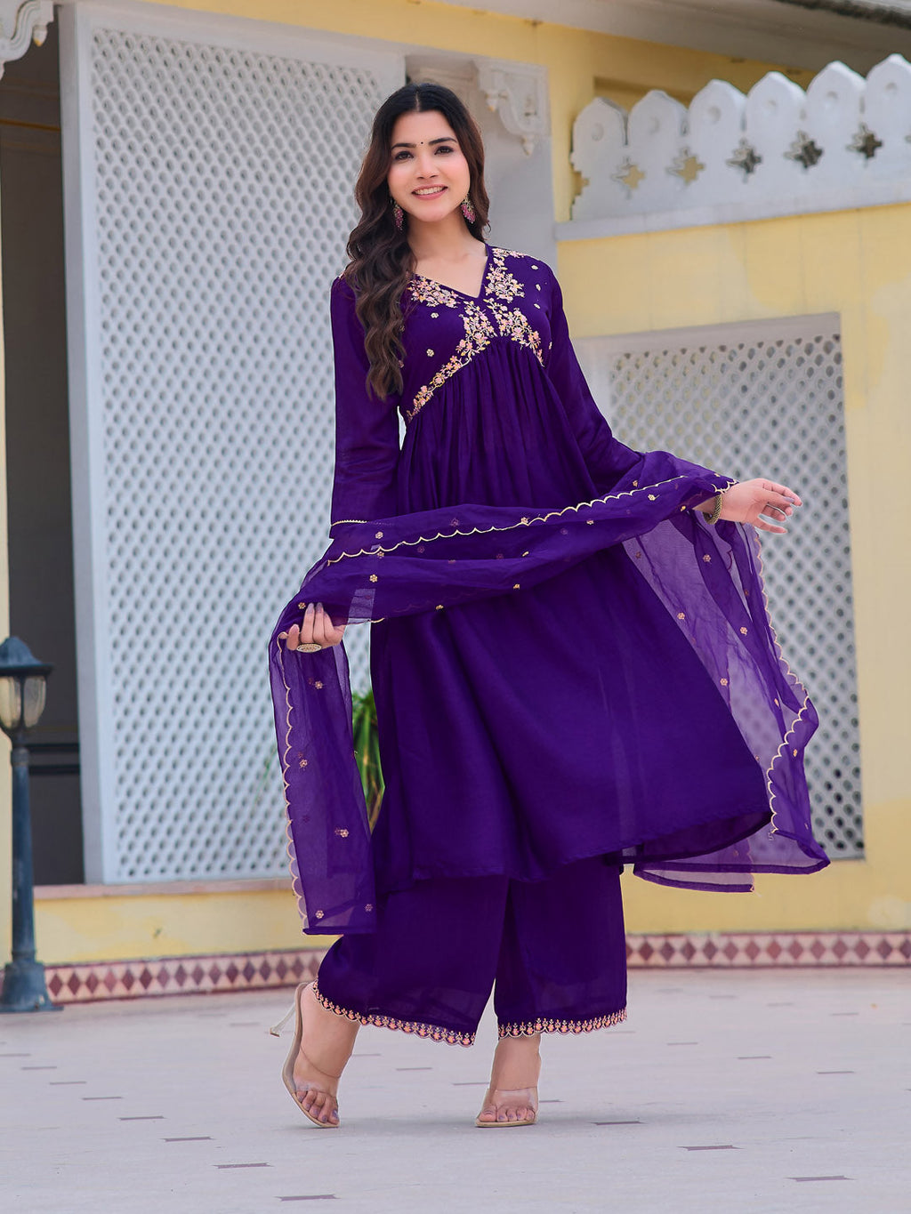 Alia Cut Embroidered Kurta With Pant & Dupatta, Purple - Hiral Fashion | Grocsy