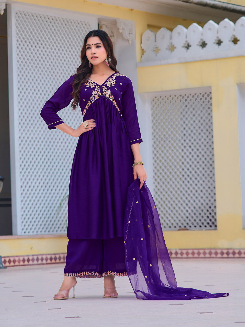 Alia Cut Embroidered Kurta With Pant & Dupatta, Purple - Hiral Fashion | Grocsy