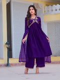 Alia Cut Embroidered Kurta With Pant & Dupatta, Purple - Hiral Fashion | Grocsy