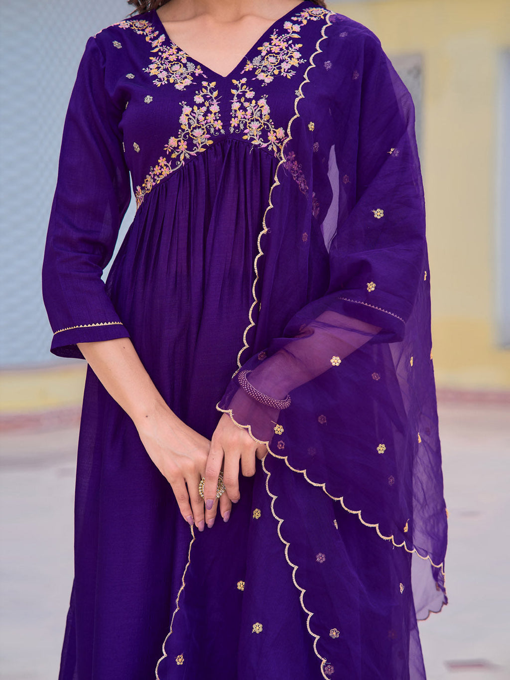 Alia Cut Embroidered Kurta With Pant & Dupatta, Purple - Hiral Fashion | Grocsy